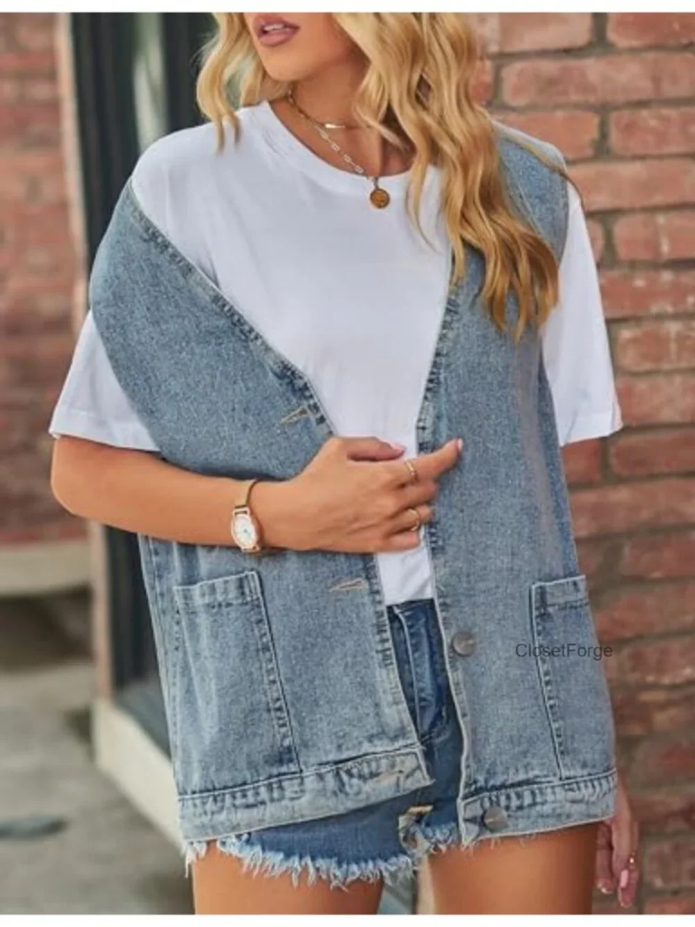 Sleeveless Button Down Vest with Pockets Lightweight Oversized Denim Waistcoat